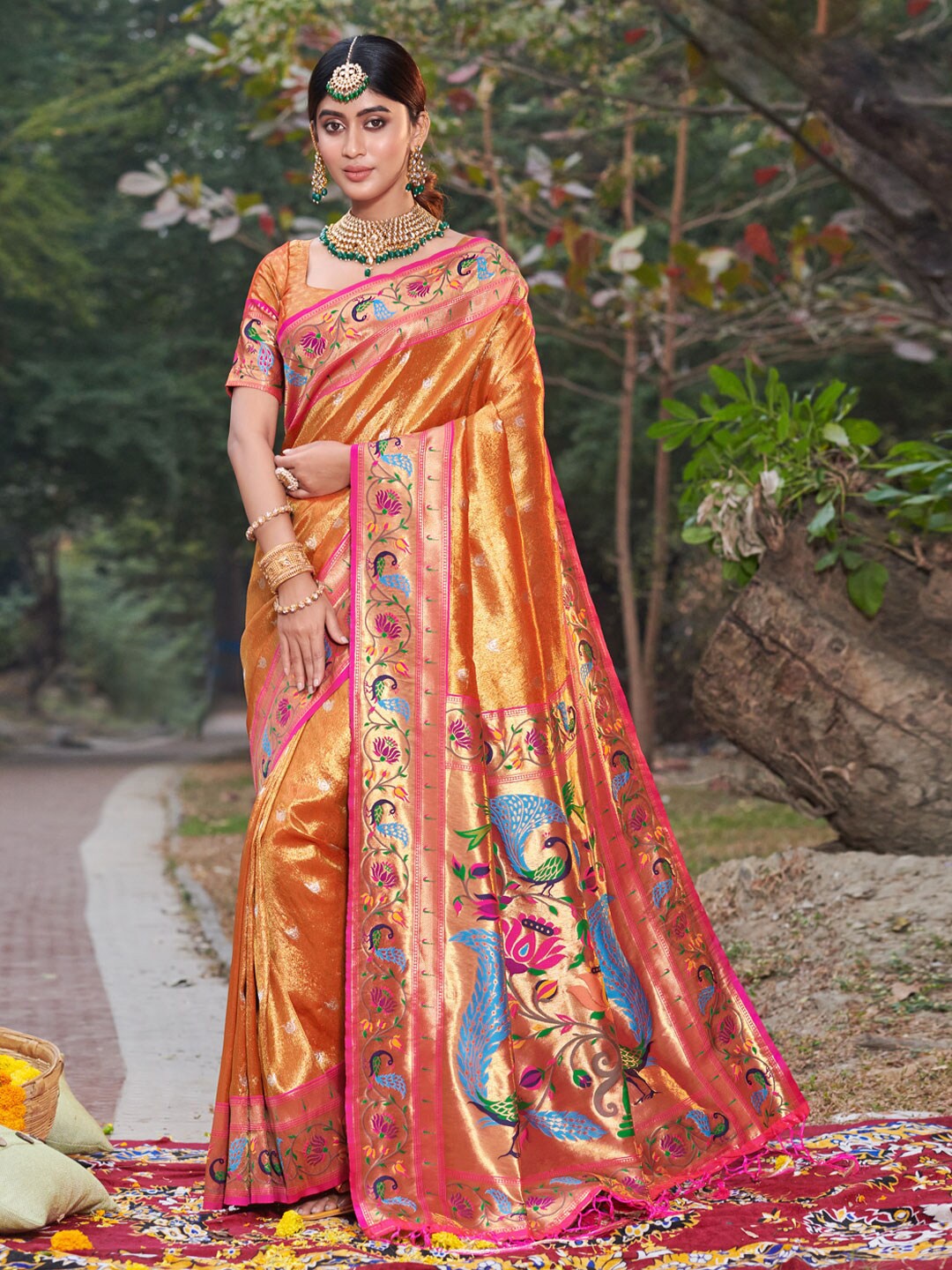 

Reeta Fashion Ethnic Motifs Woven Design Zari Pure Silk Saree, Orange