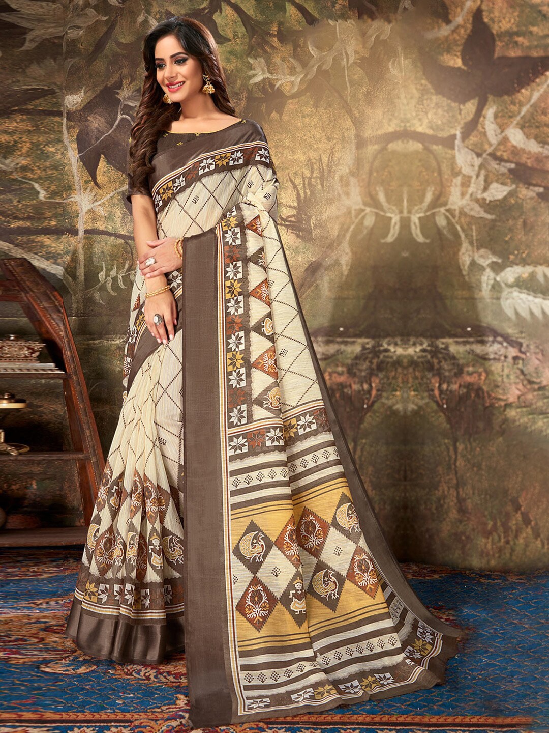

Reeta Fashion Ethnic Motifs Printed Pure Cotton Saree, Cream