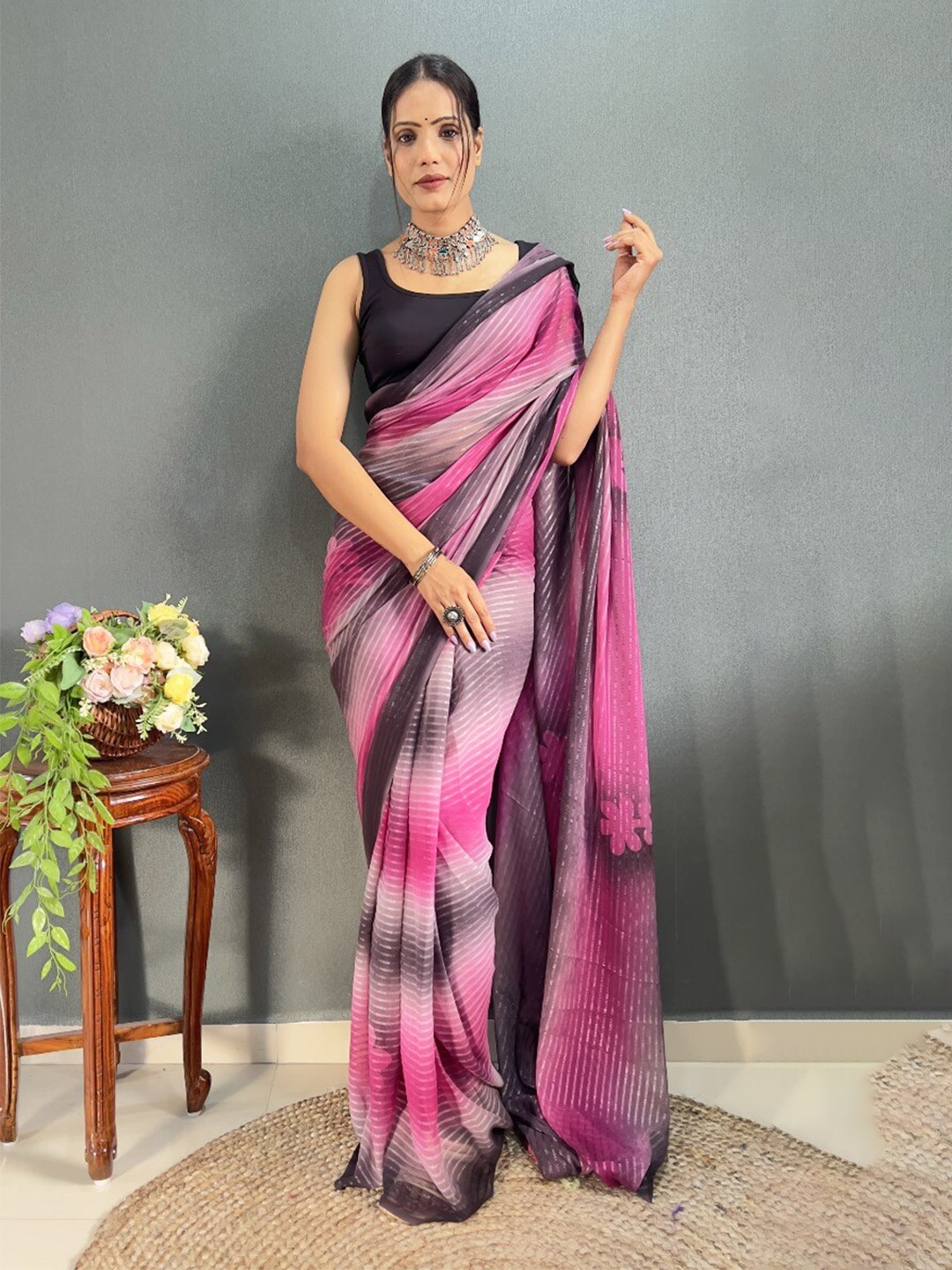 

Reeta Fashion Striped Sequinned Pure Georgette Ready To Wear Saree, Pink