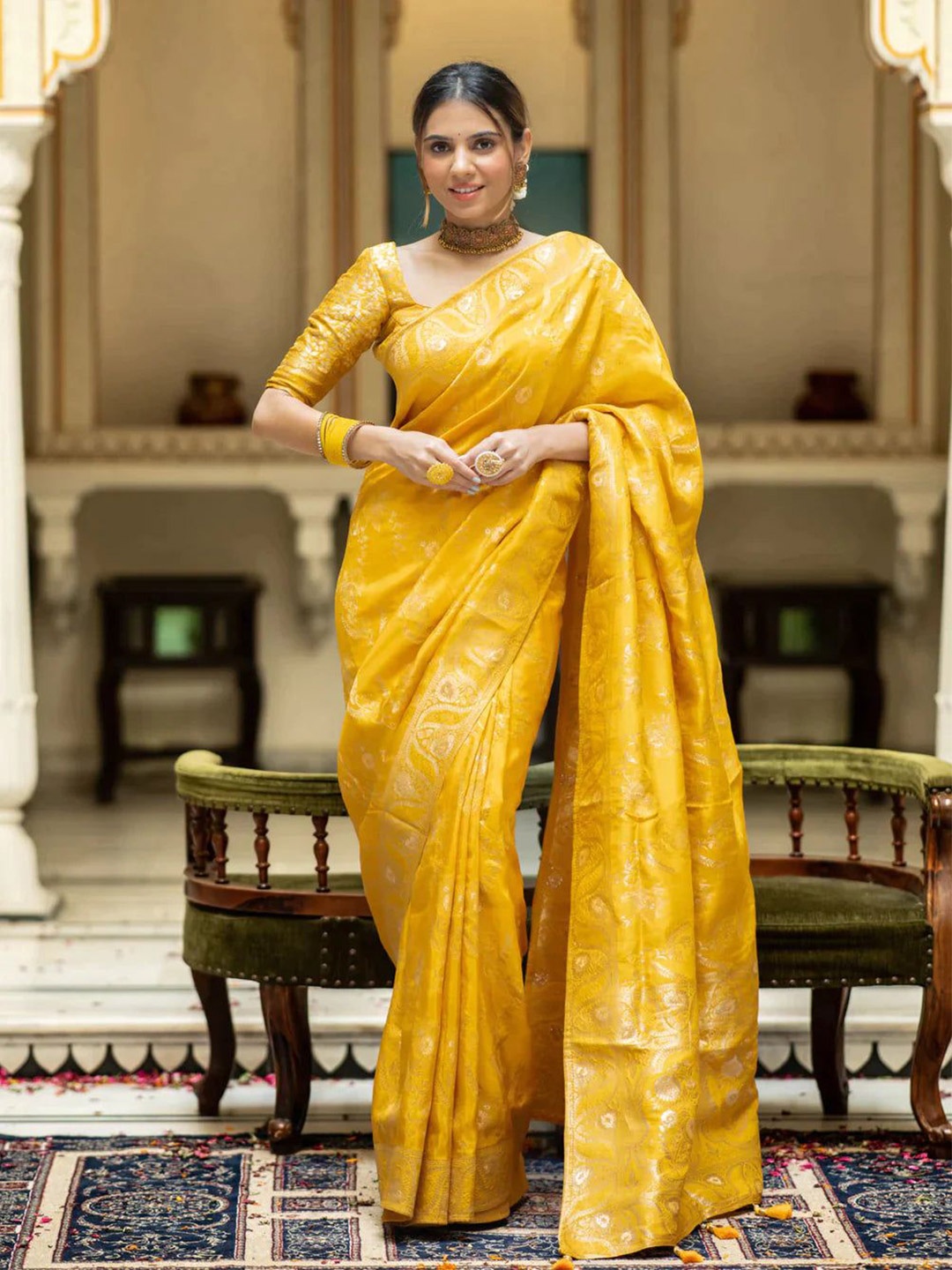 

Reeta Fashion Woven Design Ethnic Motifs Zari Saree With Tassels, Mustard