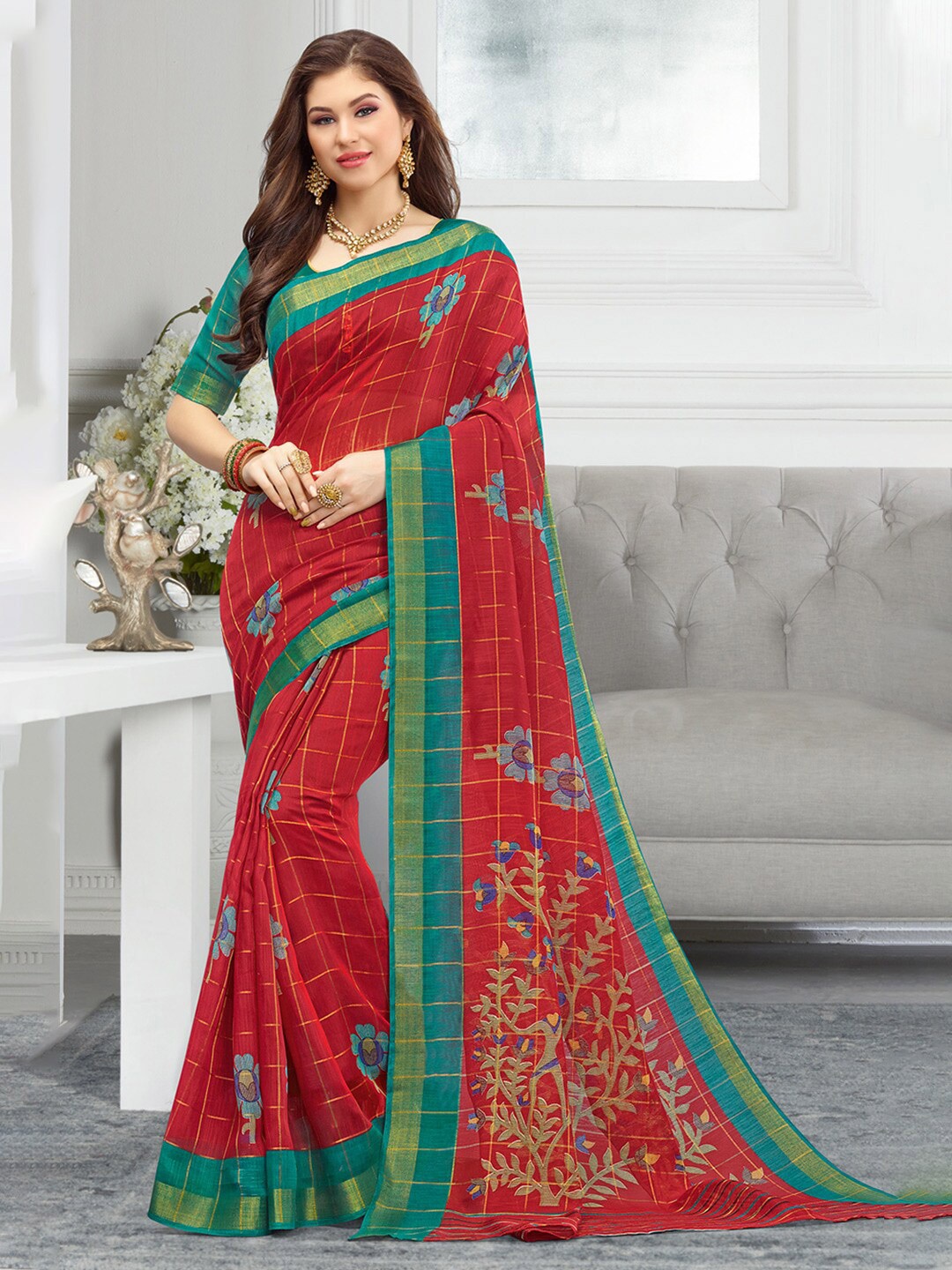 

Reeta Fashion Floral Printed Zari Pure Cotton Saree, Red