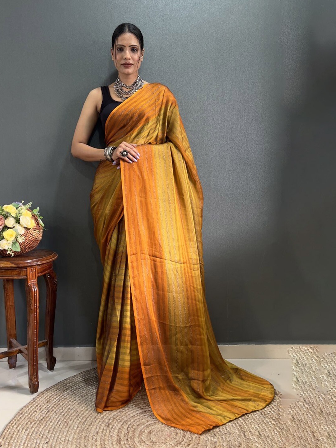 

Reeta Fashion Striped Embellished Pure Georgette Ready to Wear Saree, Orange