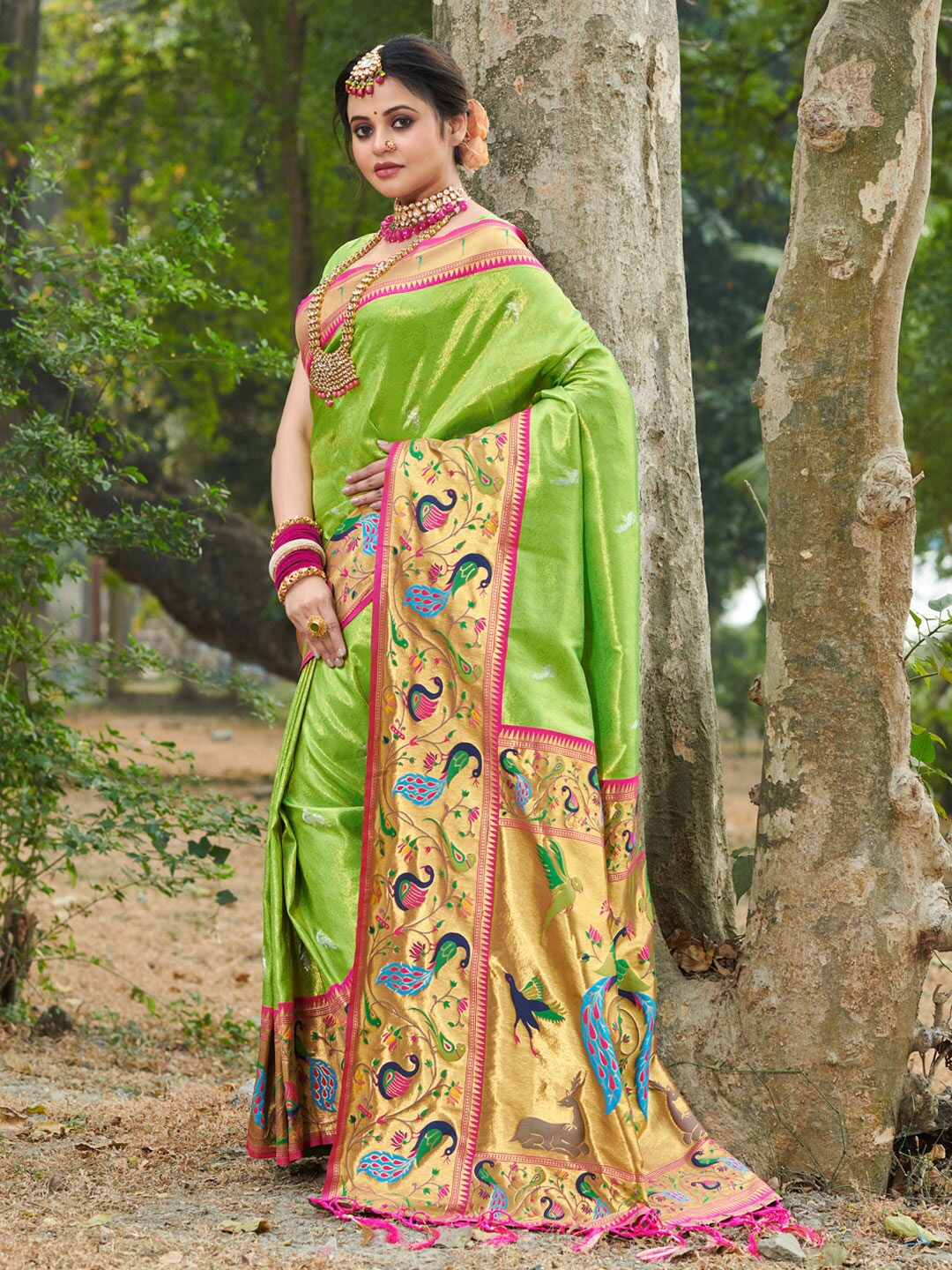 

Reeta Fashion Ethnic Motifs Woven Design Zari Pure Silk Saree, Lime green