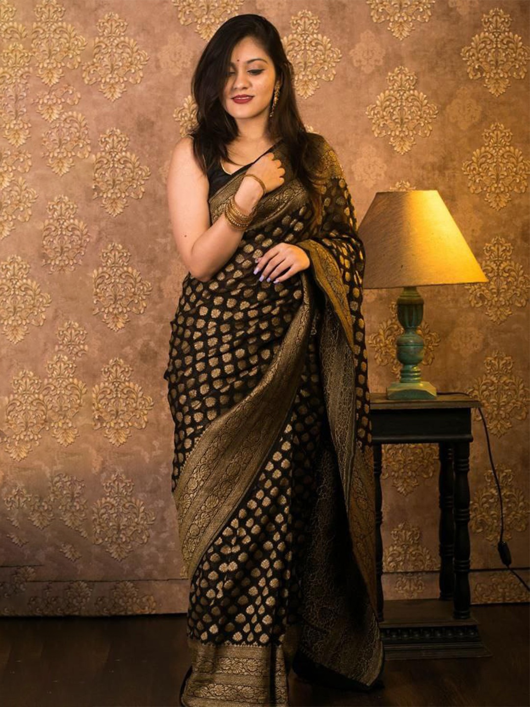 

Reeta Fashion Ethnic Motifs Woven Design Zari Pure Georgette Saree, Black