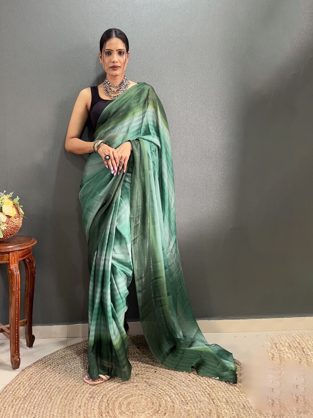 

Reeta Fashion Striped Embellished Pure Georgette Ready to Wear Saree, Teal