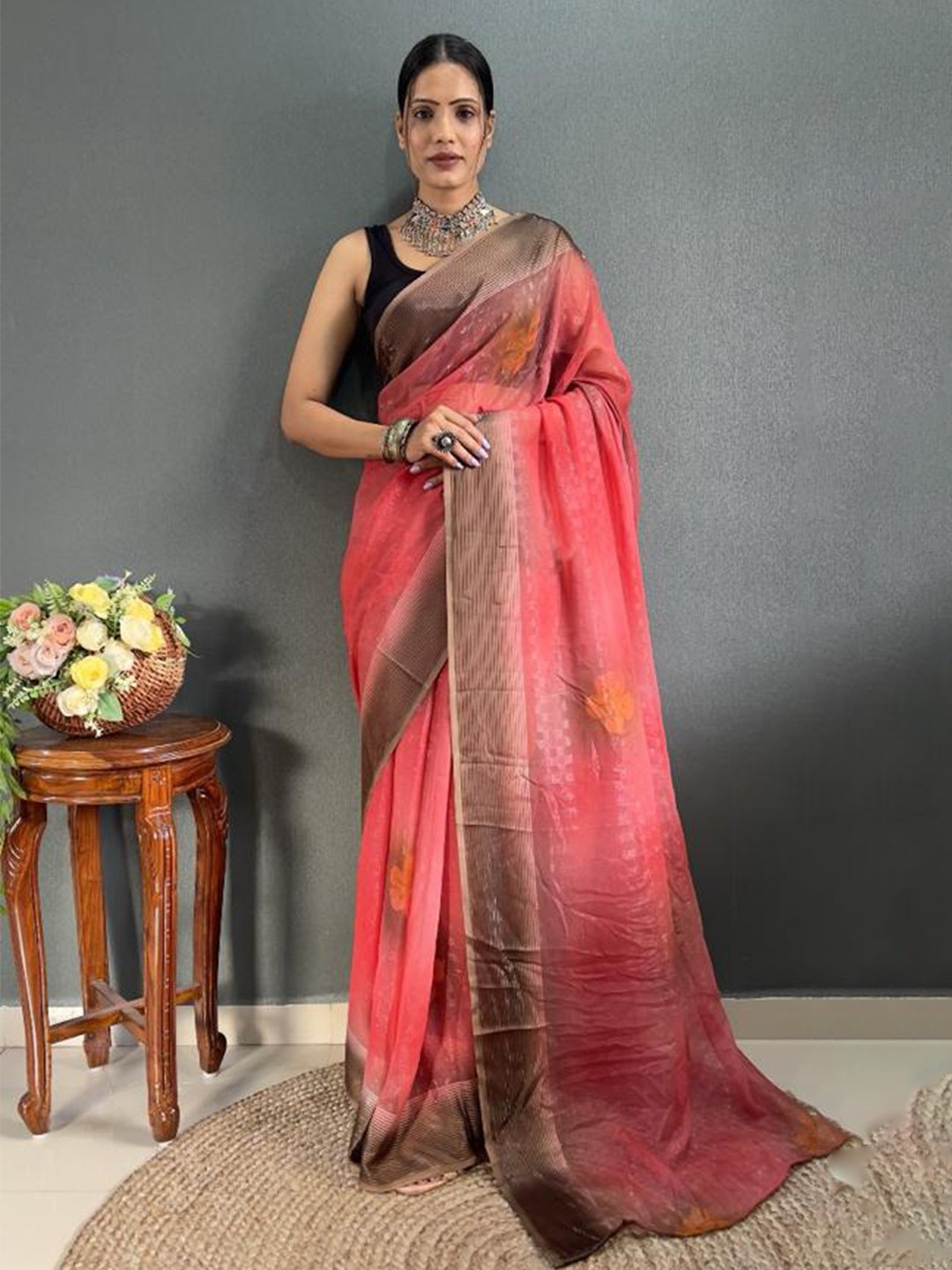 

Reeta Fashion Ethnic Motifs Pure Georgette Ready to Wear Saree, Coral