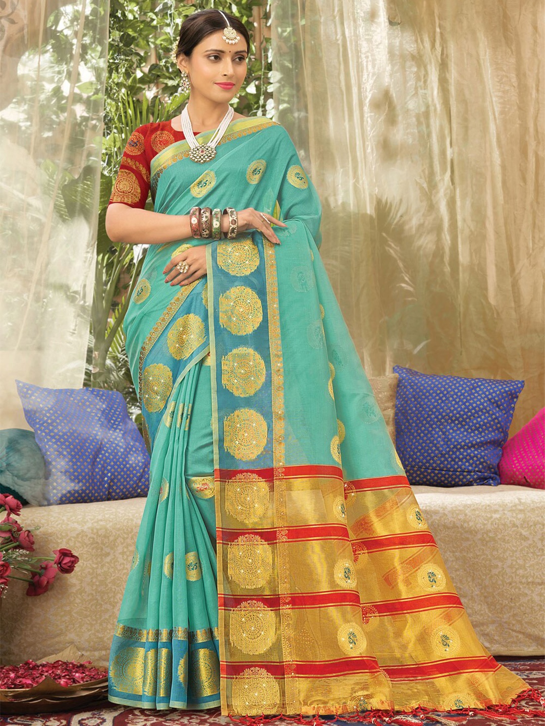 

Reeta Fashion Ethnic Motifs Woven Design Zari Organza Saree, Sea green
