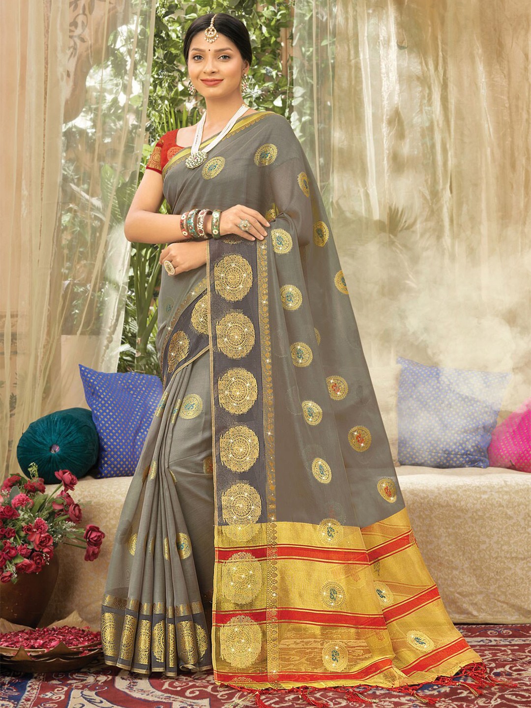 

Reeta Fashion Ethnic Motifs Woven Design Zari Organza Saree, Grey