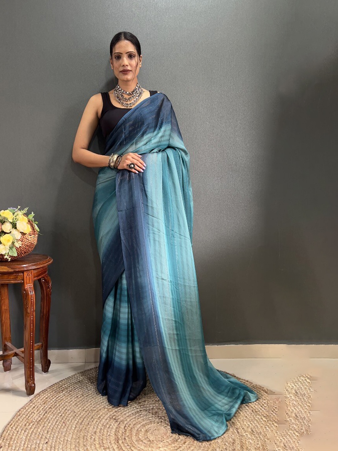 

Reeta Fashion Striped Printed Pure Georgette Saree, Blue