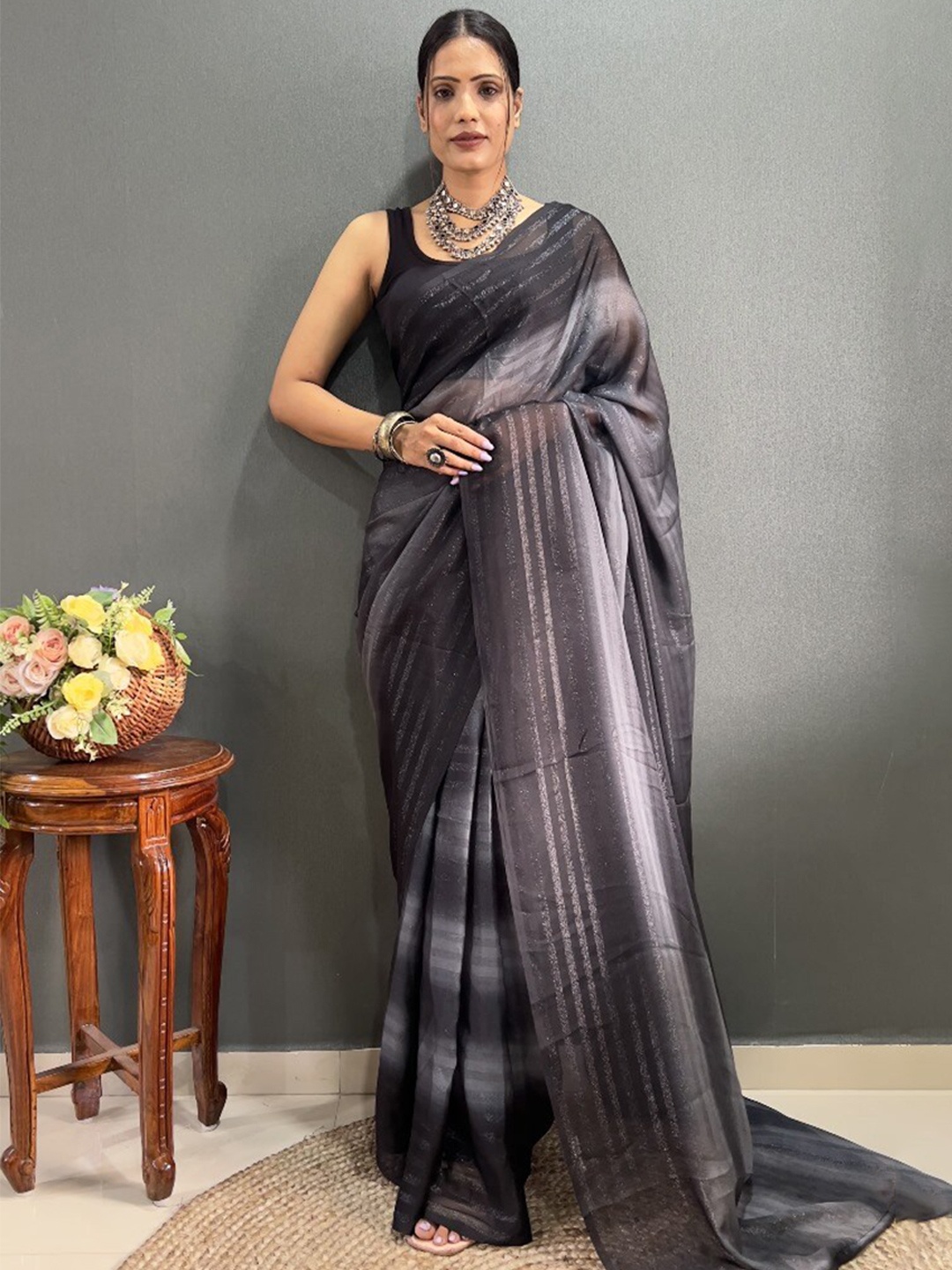 

Reeta Fashion Striped Woven Design Zari Ready to Wear Pure Georgette Saree, Grey melange
