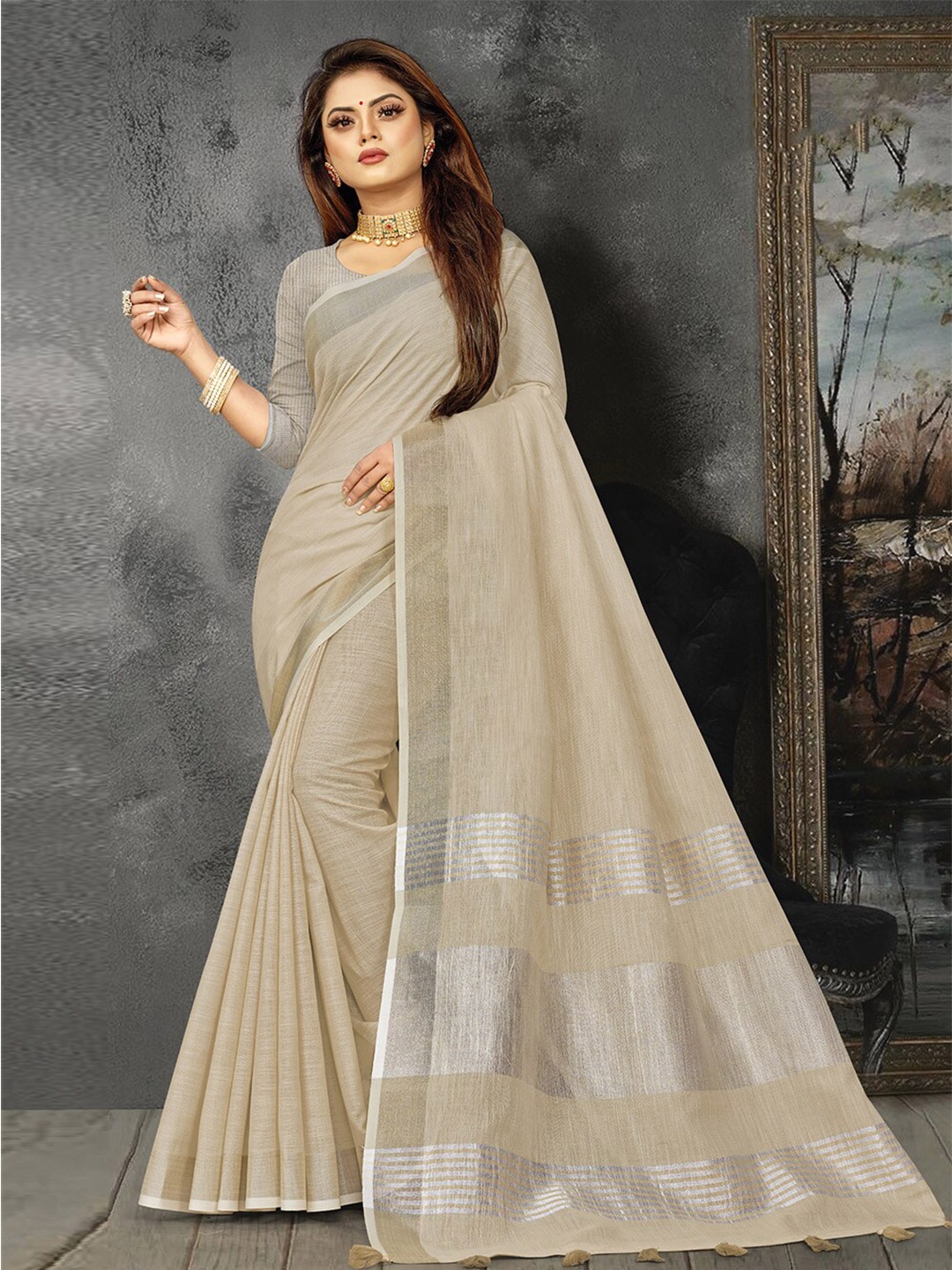 

Reeta Fashion Woven Design Zari Saree With Tassels, Beige