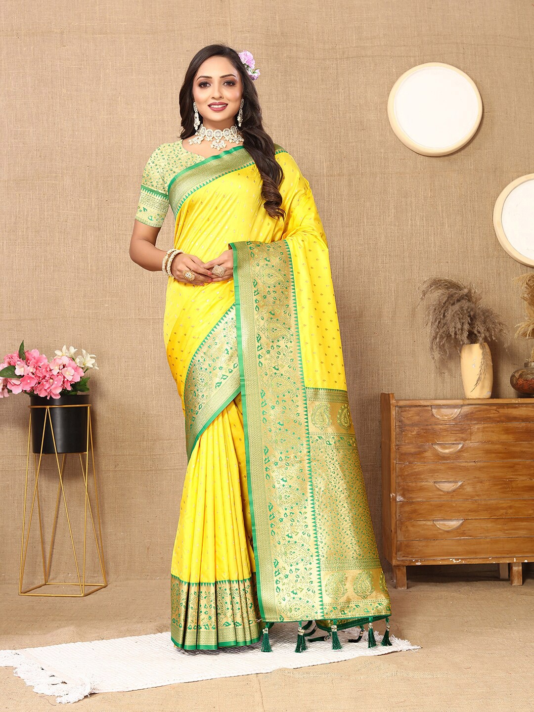 

MARGI DESIGNERS Ethnic Motifs Woven Design Zari Pure Silk Banarasi Saree, Yellow