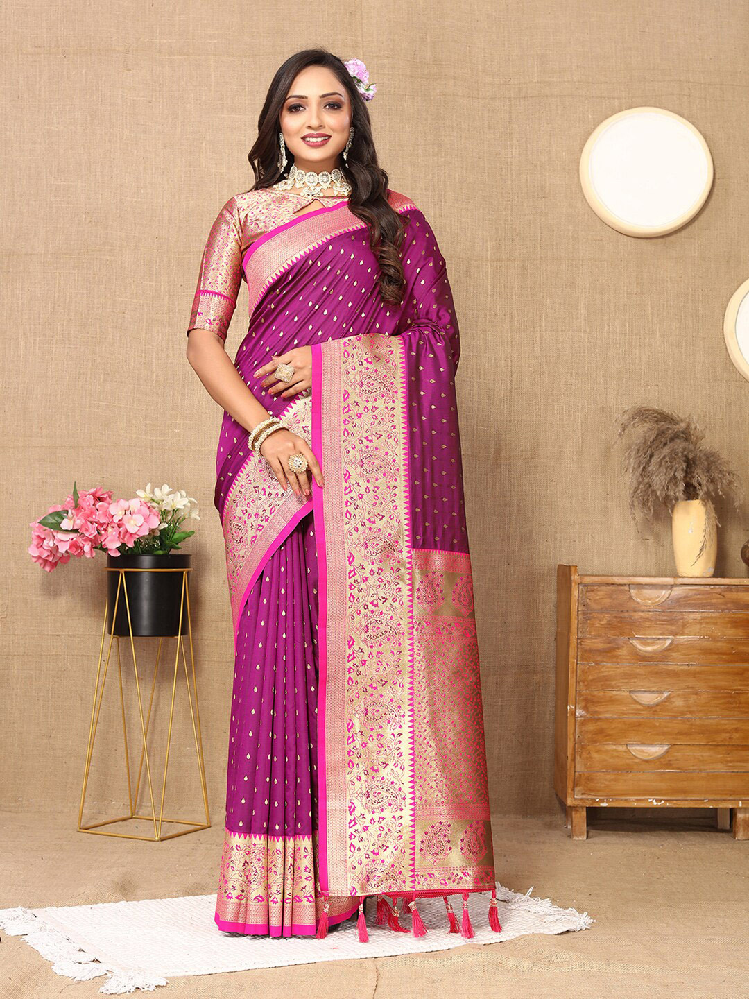 

MARGI DESIGNERS Ethnic Motifs Woven Design Zari Pure Silk Banarasi Saree, Purple