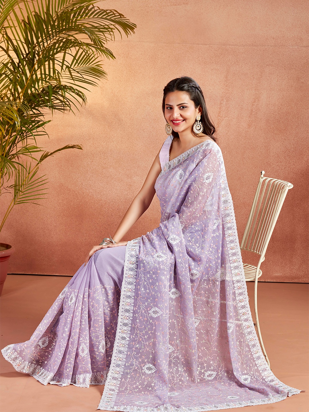 

MAHALASA Floral Embroidered Beads and Stones Pure Chiffon Saree, Lavender