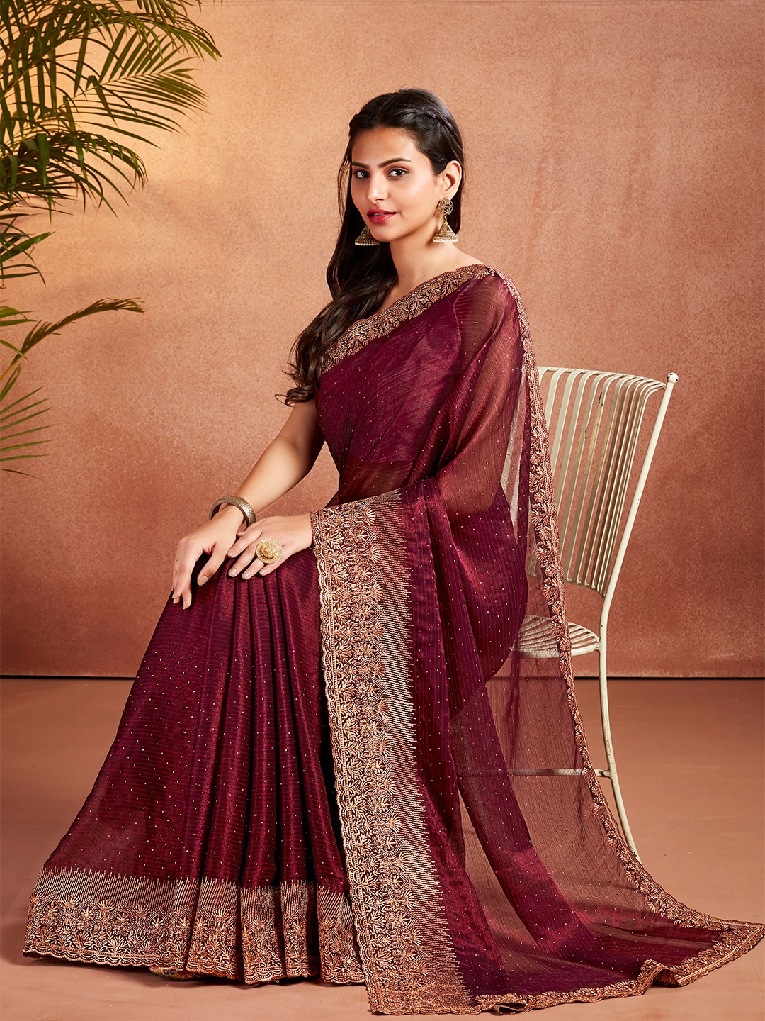 

MAHALASA Embellished Beads and Stones Pure Chiffon Saree, Maroon