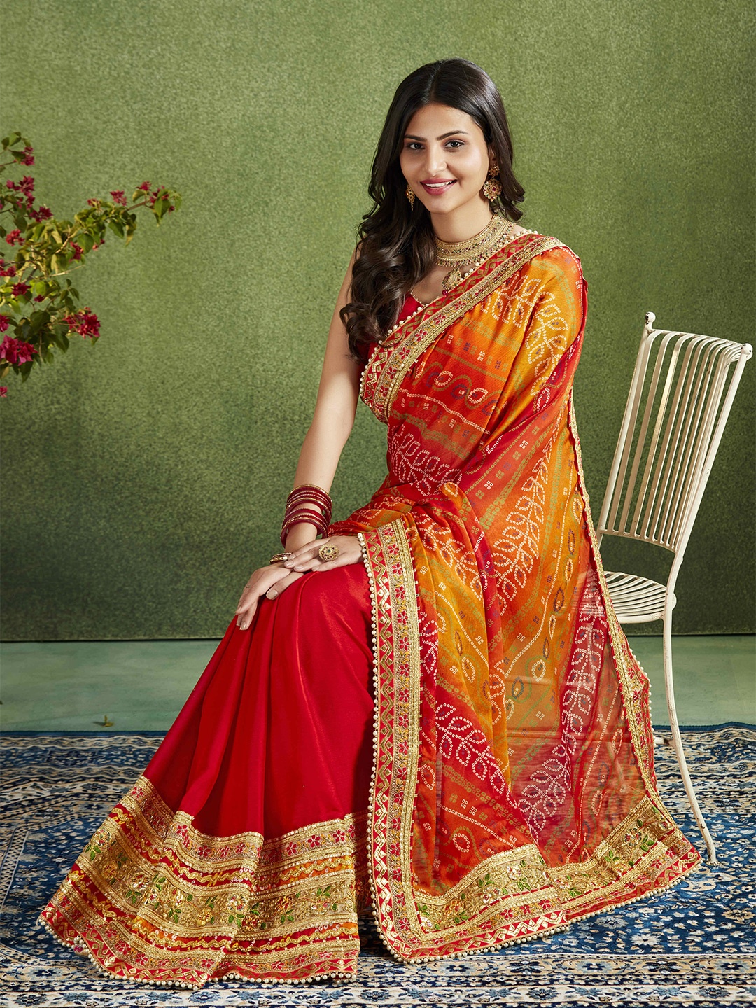 

MAHALASA Bandhani Printed Zari Pure Georgette Saree, Red
