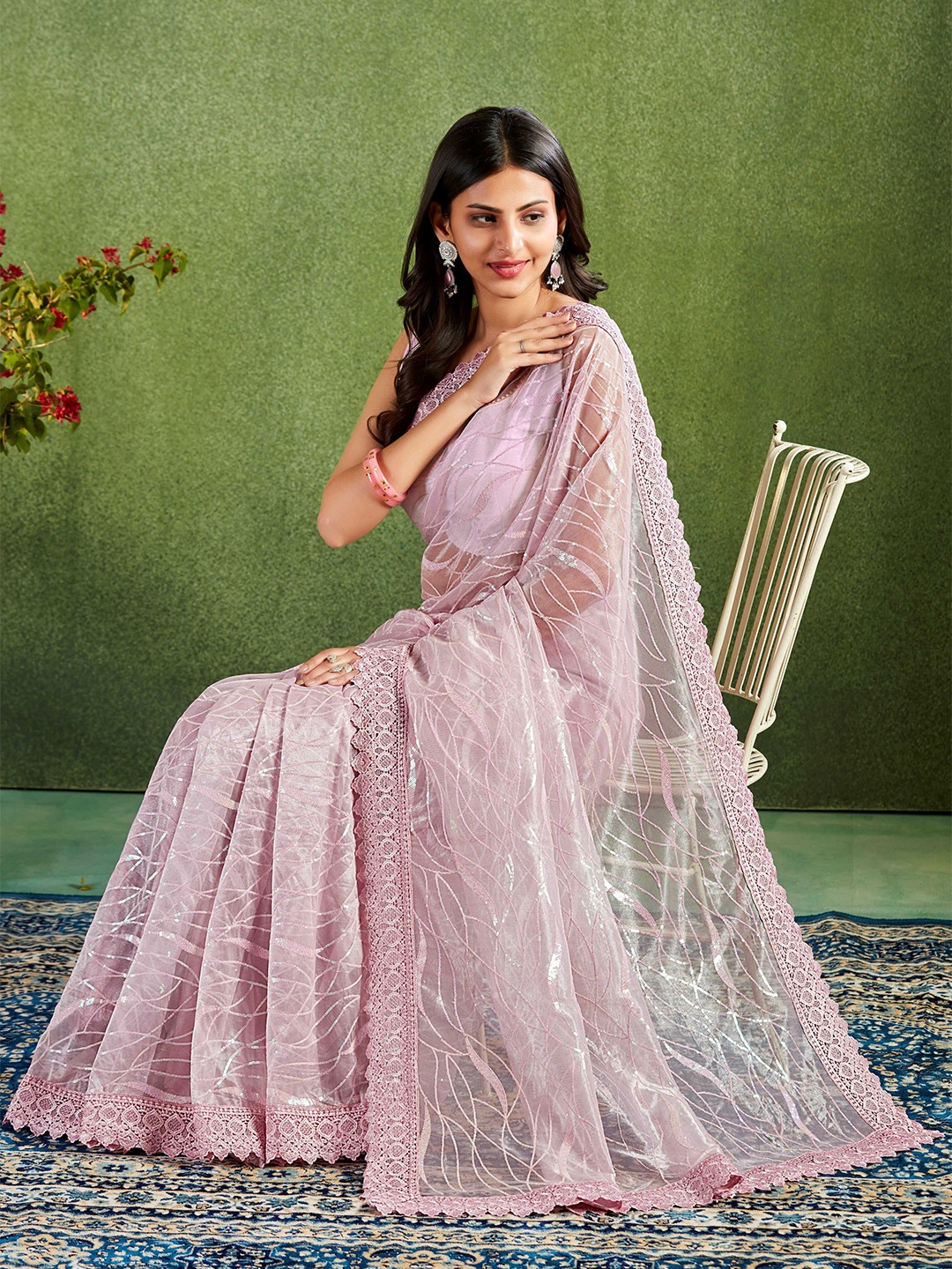 

MAHALASA Abstract Embroidered Sequinned Net Saree, Pink