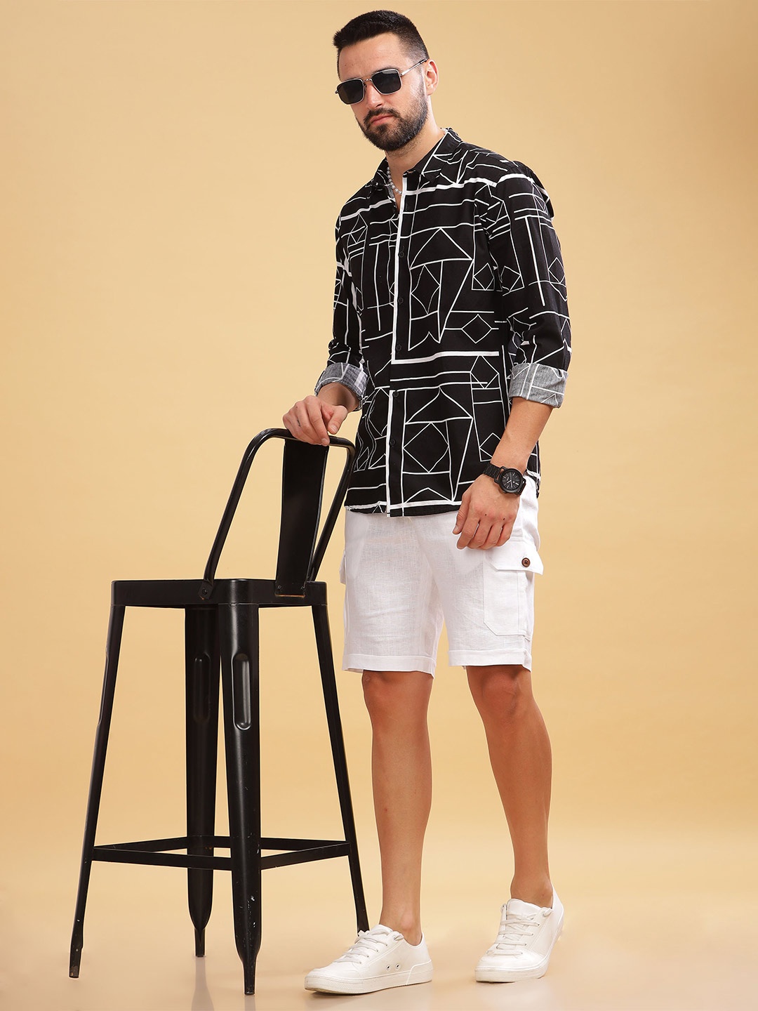 

HERE&NOW Slim Fit Opaque Abstract Printed Casual Shirt, Black