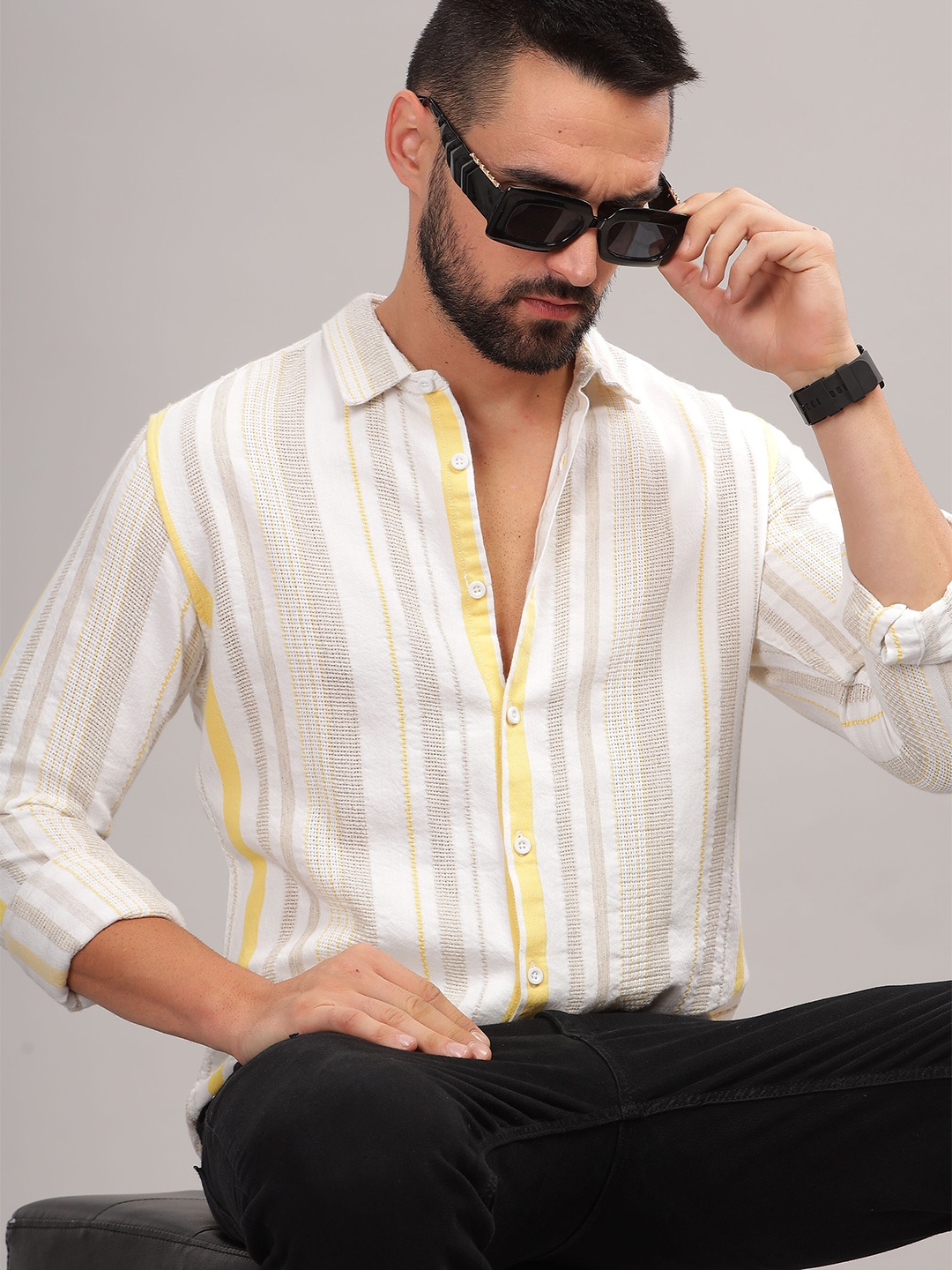 

HERE&NOW Slim Fit Self Designed Spread Collar Cotton Casual Shirt, White