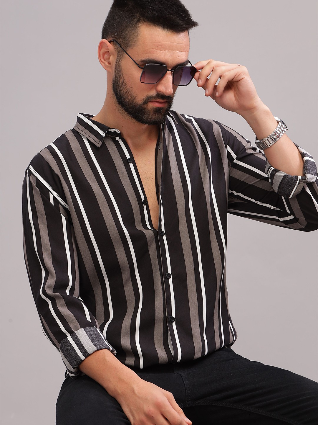 

HERE&NOW Slim Fit Vertical Striped Spread Collar Casual Shirt, Black