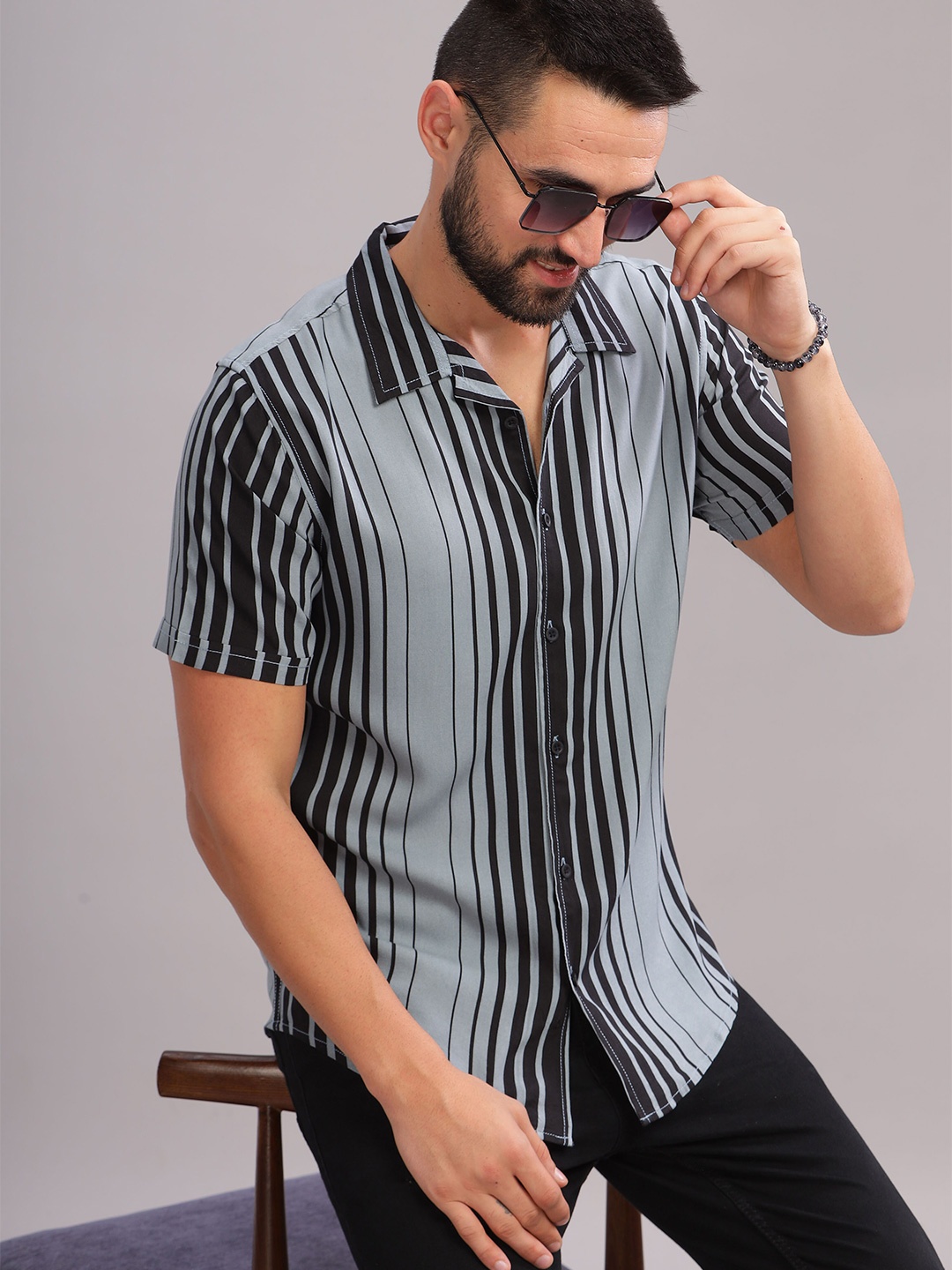 

HERE&NOW Slim Fit Vertical Striped Cuban Collar Casual Shirt, Grey