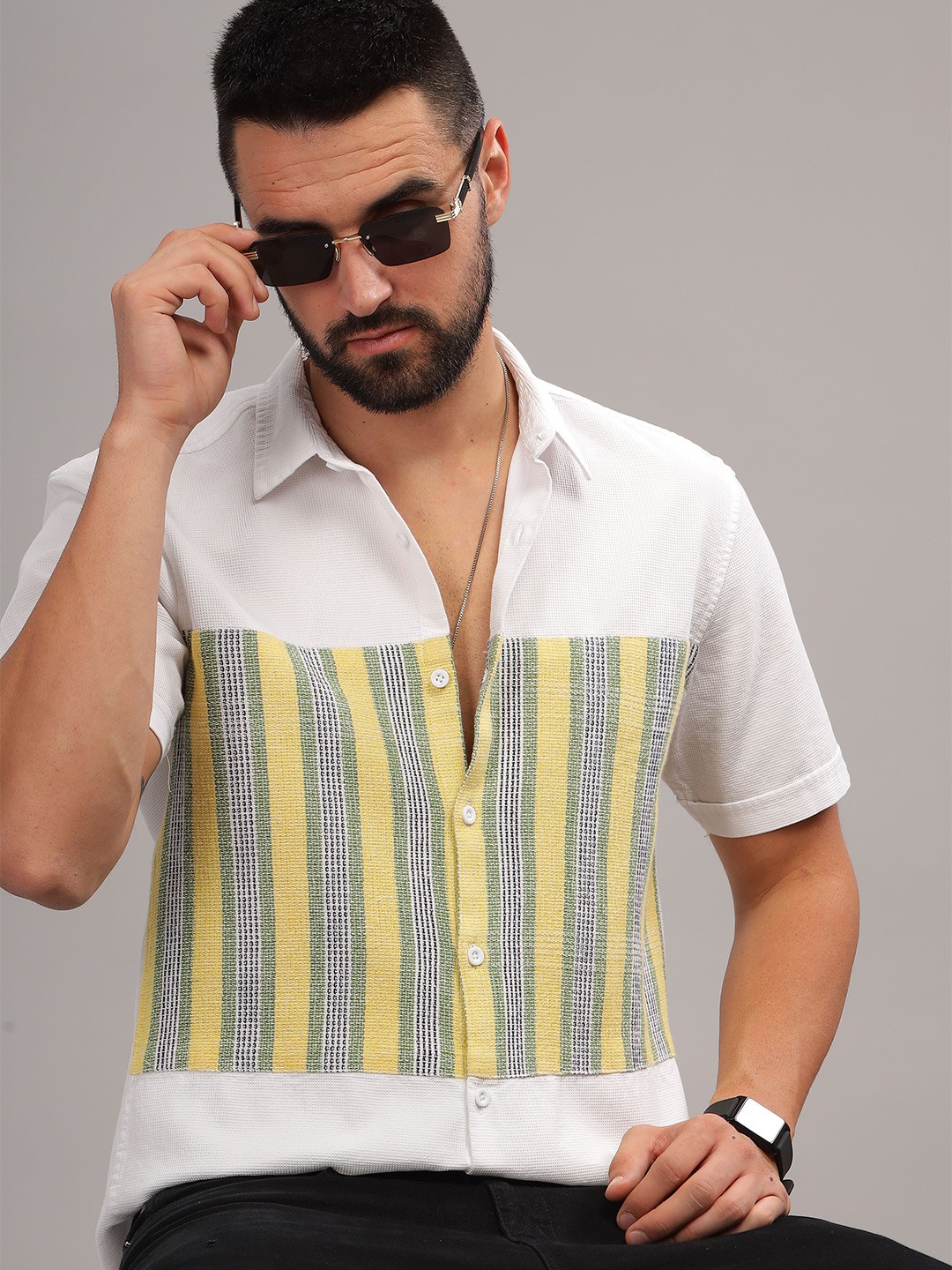 

HERE&NOW Self Designed Spread Collar Cotton Casual Shirt, White