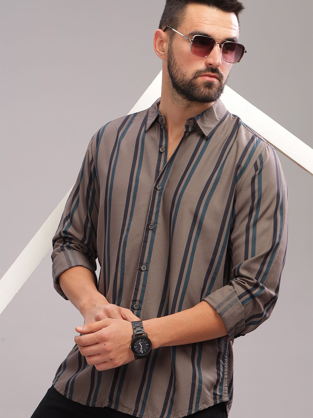 

HERE&NOW Slim Fit Vertical Striped Casual Shirt, Brown
