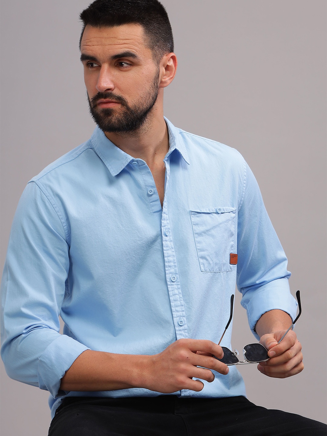 

HERE&NOW Spread Collar Long Sleeves Slim Fit Cotton Casual Shirt, Blue
