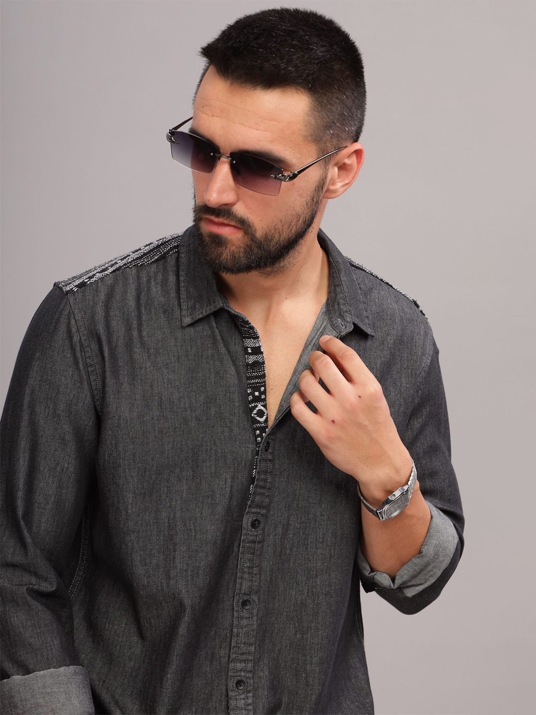 

HERE&NOW Slim Fit Spread Collar Cotton Casual Shirt, Charcoal