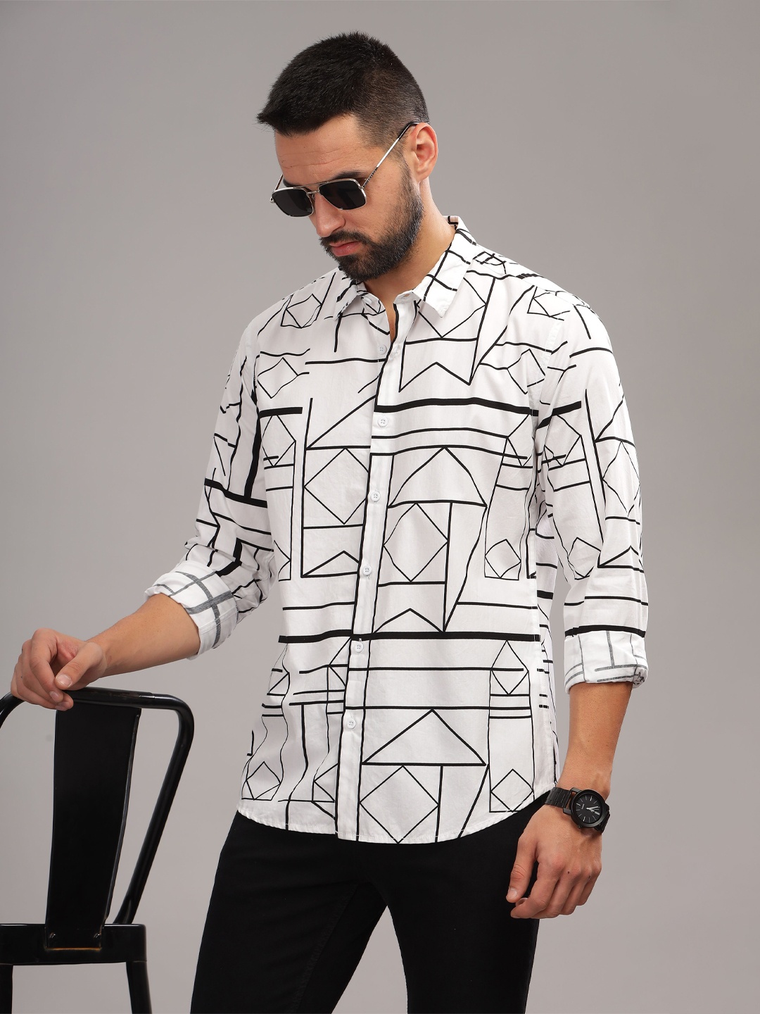 

HERE&NOW Slim Fit Geometric Printed Spread Collar Cotton Casual Shirt, White