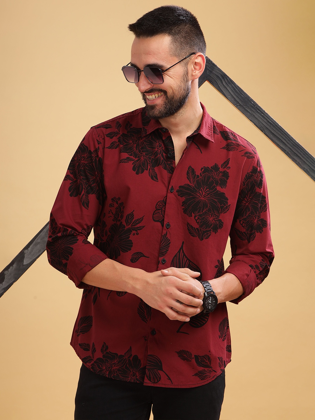 

HERE&NOW Spread Collar Slim Fit Floral Opaque Printed Cotton Casual Shirt, Maroon