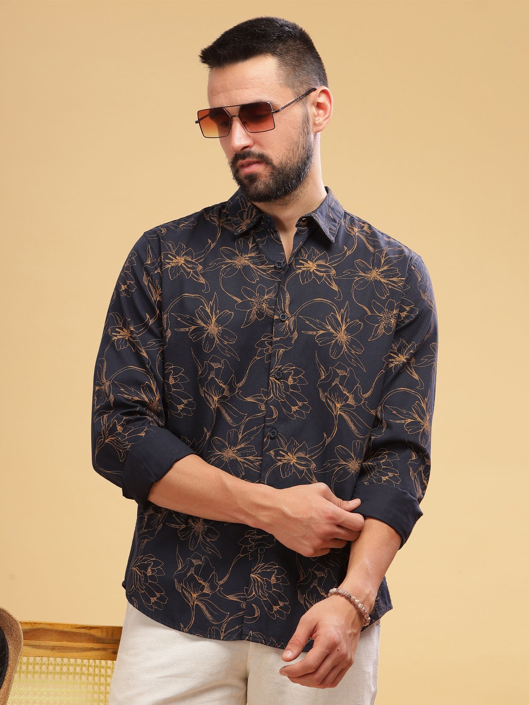 

HERE&NOW Floral Printed Spread Collar Long Sleeves Slim Fit Cotton Casual Shirt, Navy blue