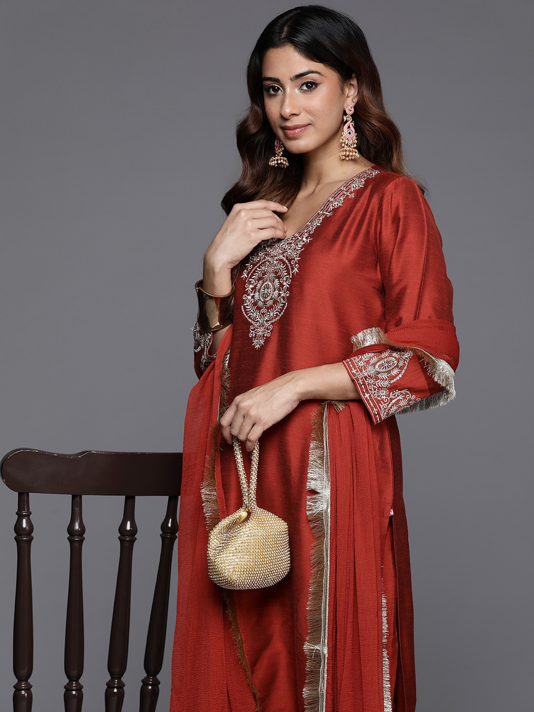 

Varanga Ethnic Motifs Embroidered Thread Work Kurta with Trousers & Dupatta, Rust