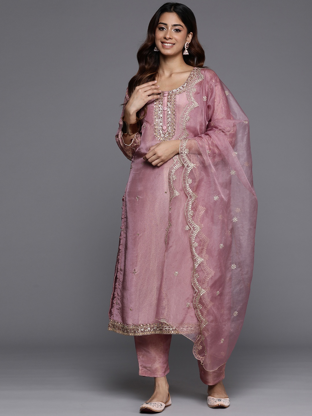 

Varanga Floral Embroidered Beads & Stones Pure Silk Kurta with Trousers & Dupatta, Peach
