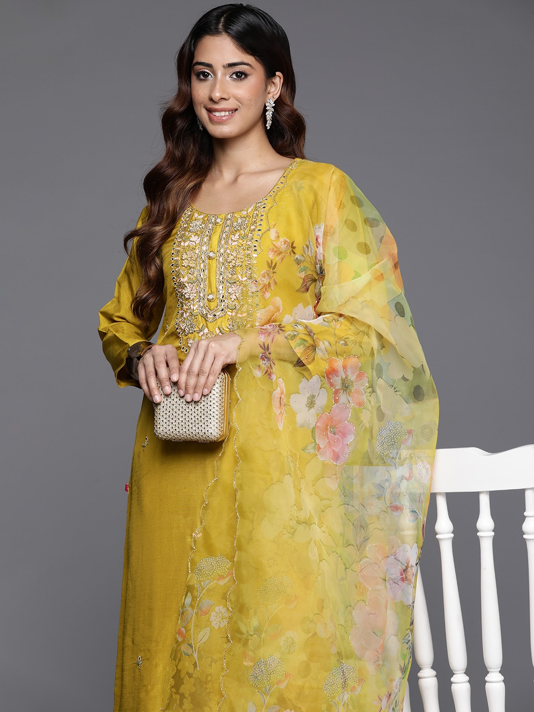 

Varanga Floral Embroidered Beads & Stones Kurta with Trousers & Dupatta, Mustard