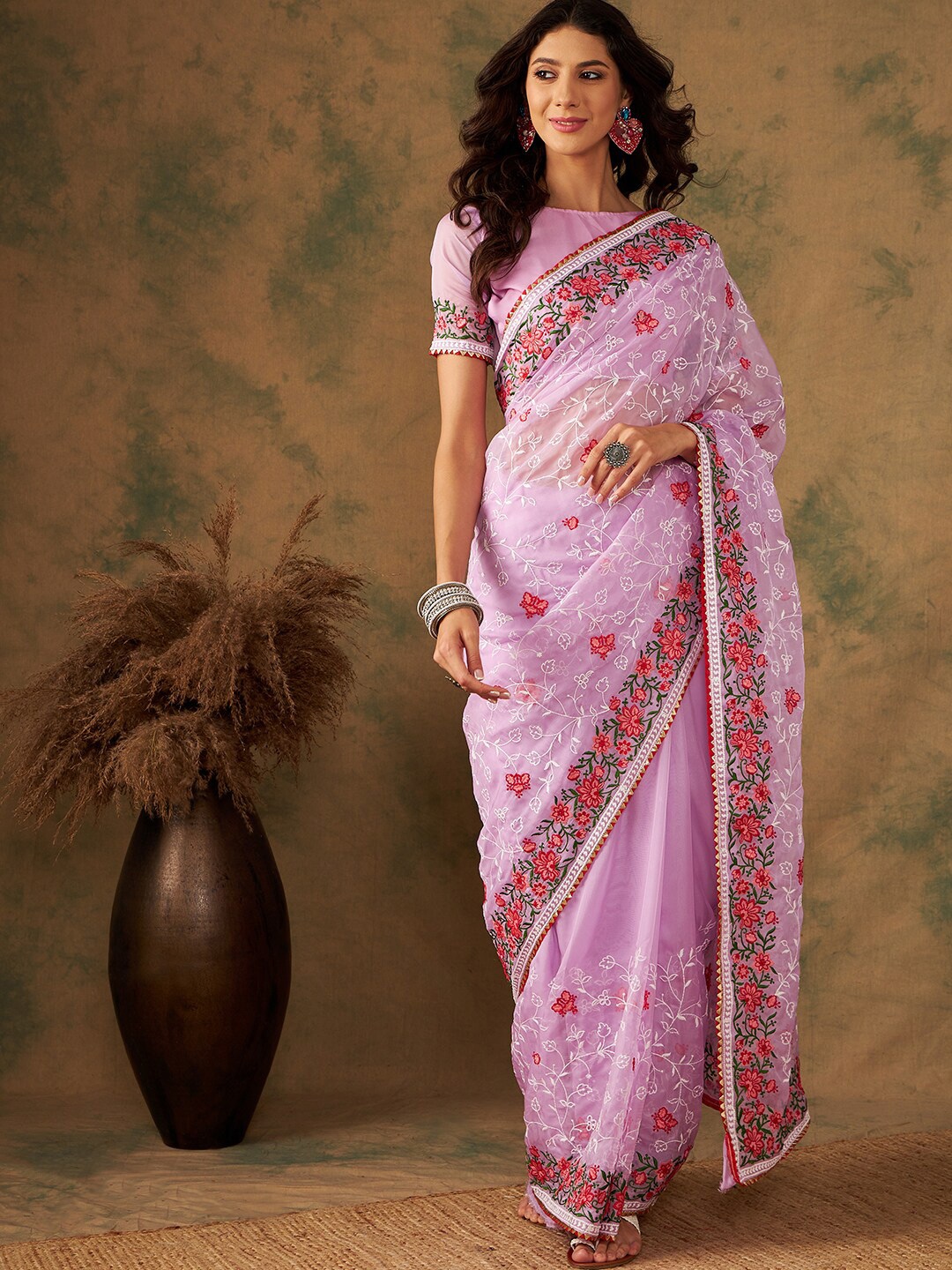 

MAHALASA Floral Embroidered Organza Saree, Lavender