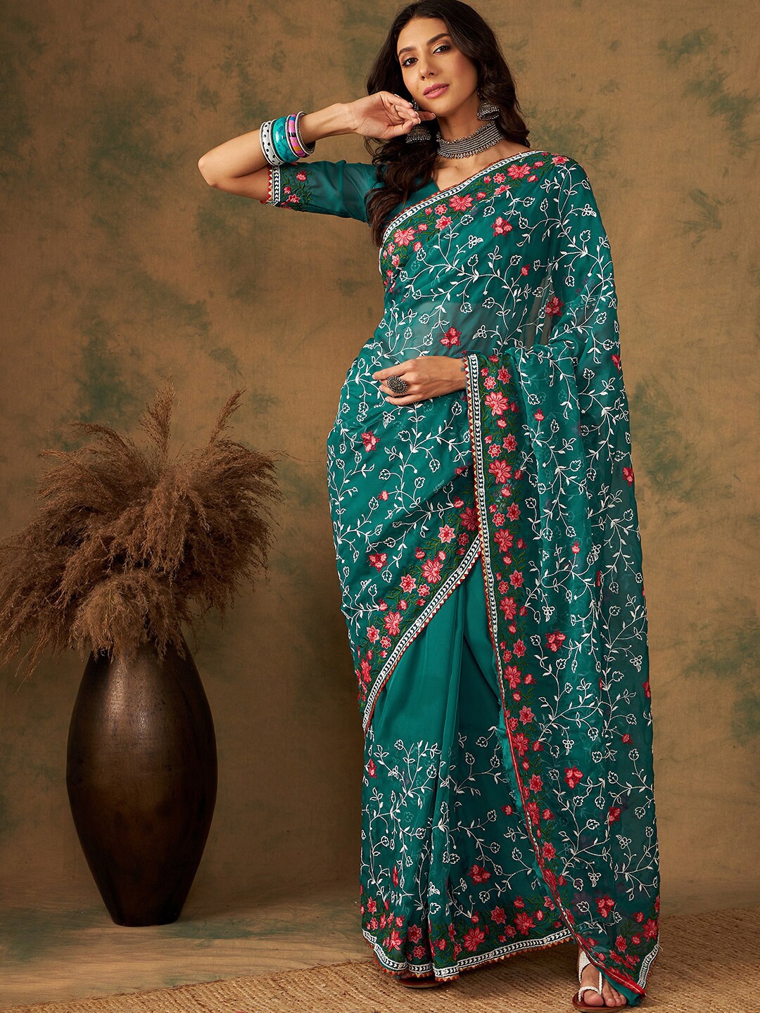 

MAHALASA Floral Embroidered Organza Saree, Green
