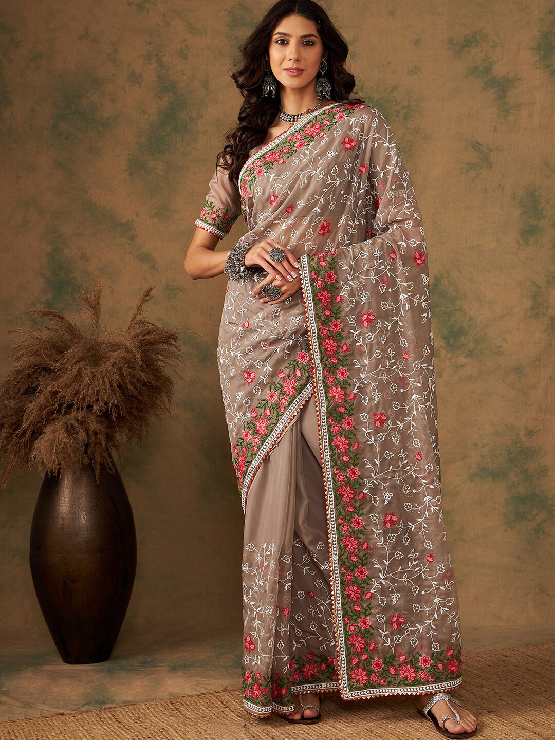 

MAHALASA Floral Embroidered Organza Saree, Brown