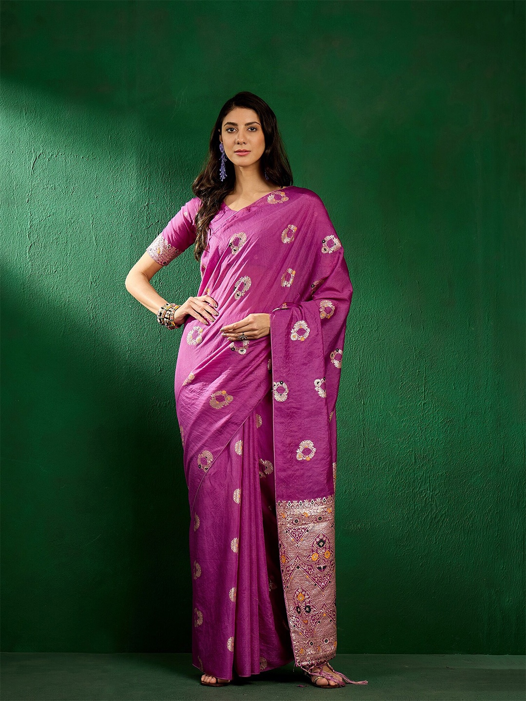 

MAHALASA Ethnic Motifs Woven Design Zari Pure Cotton Saree, Lavender