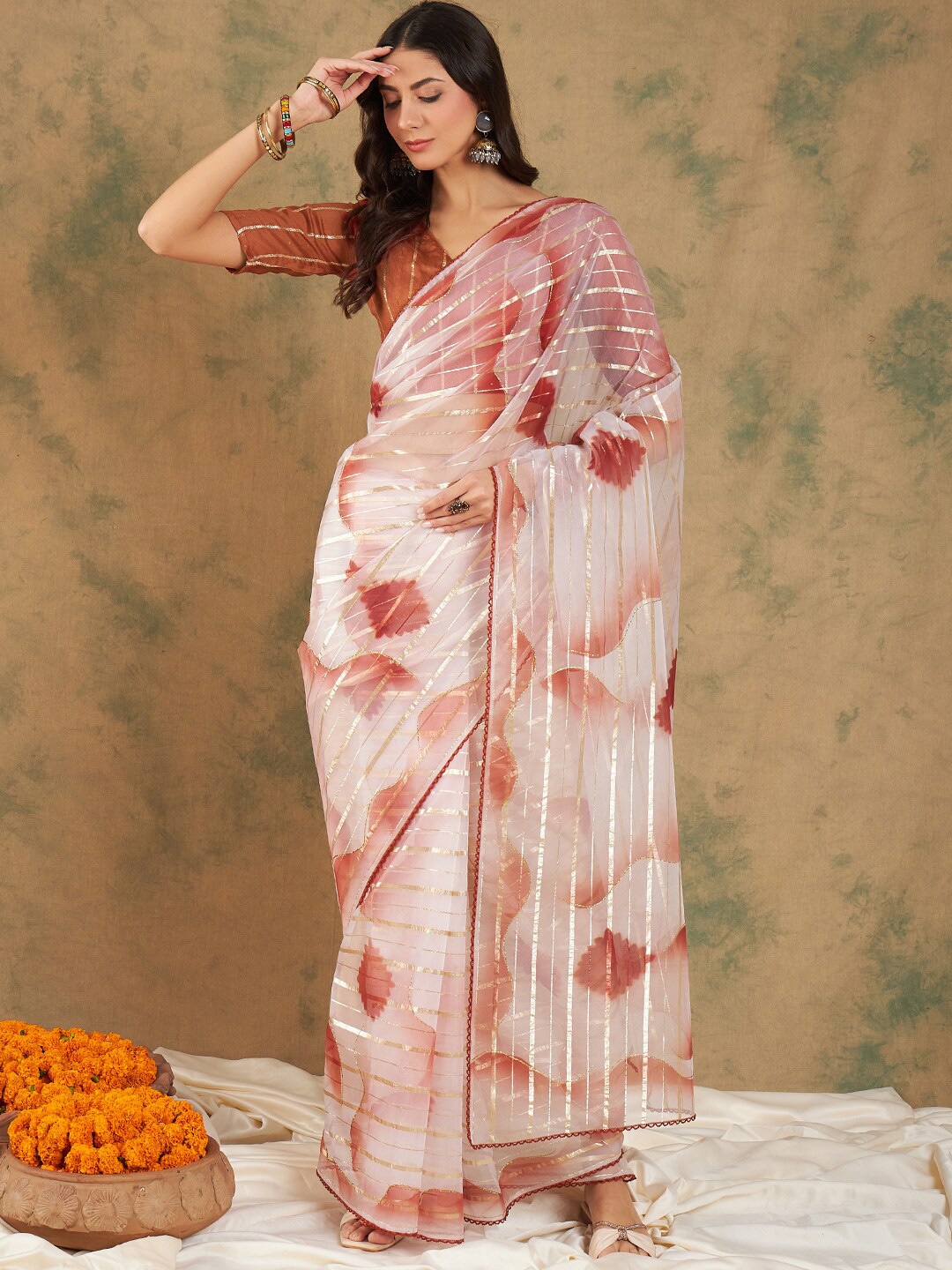

MAHALASA Striped Zari Organza Saree, Rust