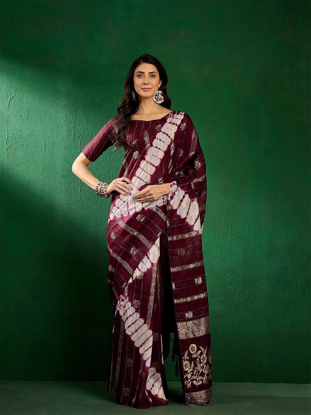 

MAHALASA Striped Woven Design Zari Saree, Burgundy