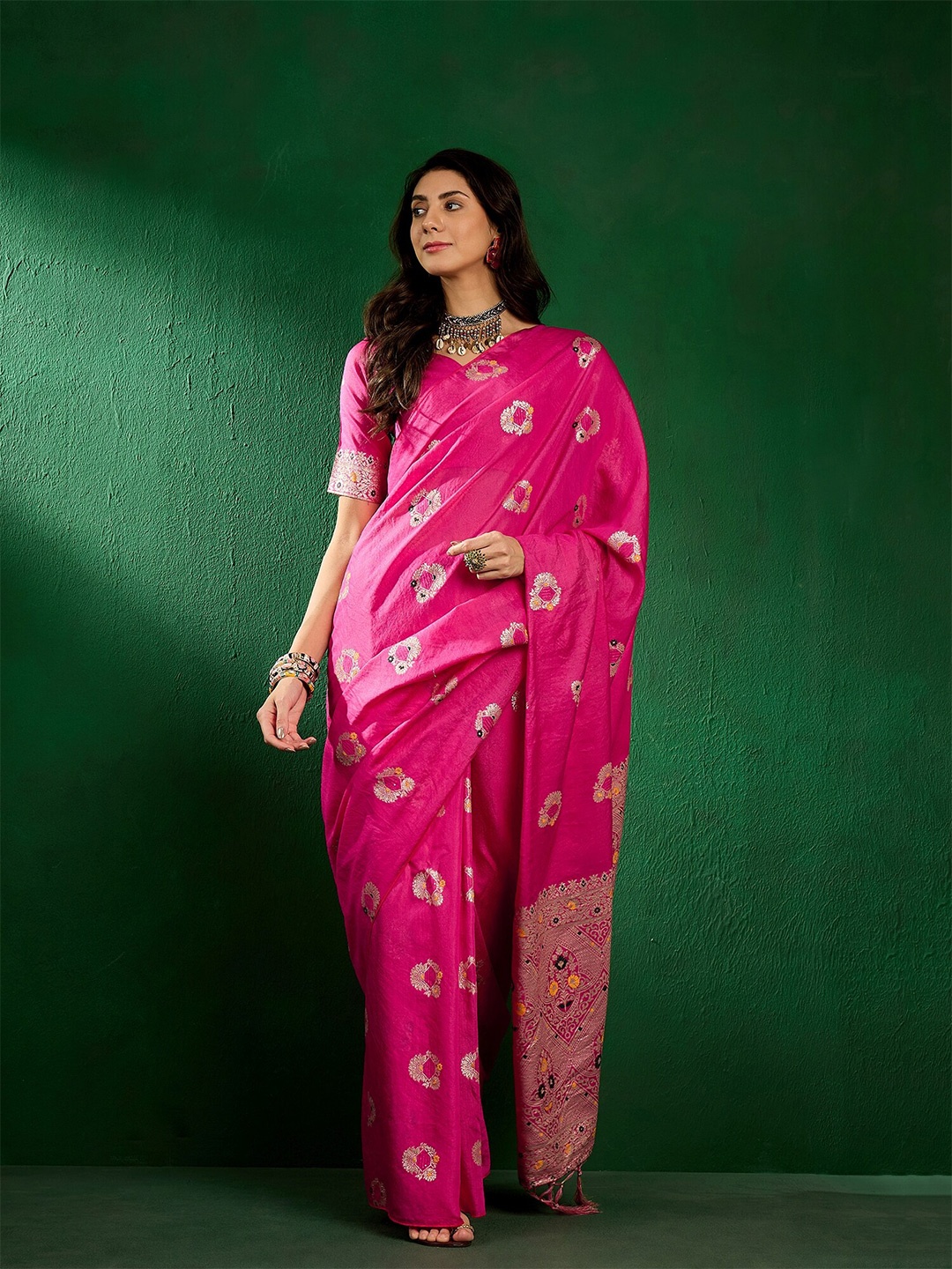 

MAHALASA Ethnic Motifs Woven Design Pure Cotton Saree, Pink