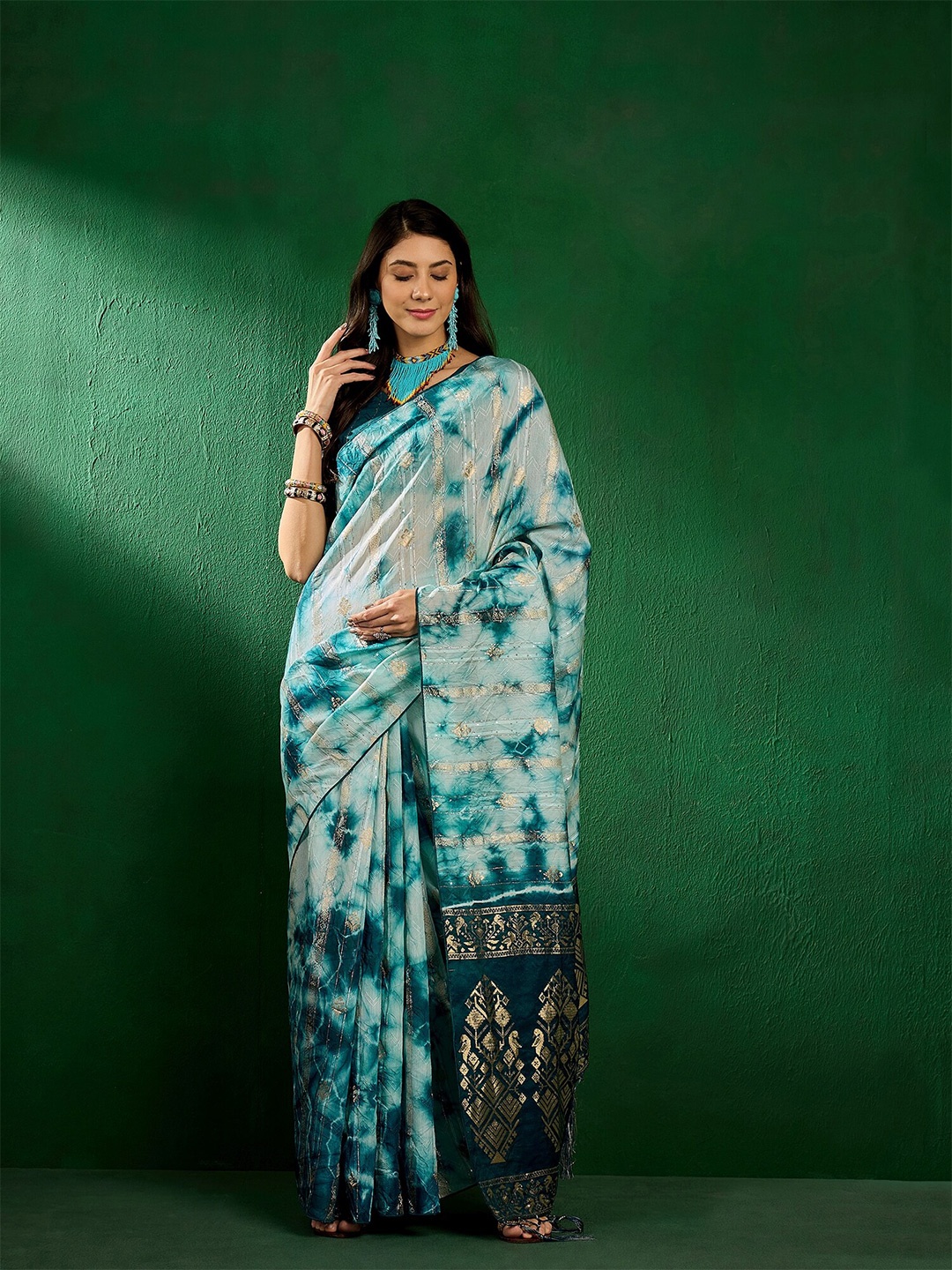 

MAHALASA Tie & Dye Printed Zari Saree, Teal