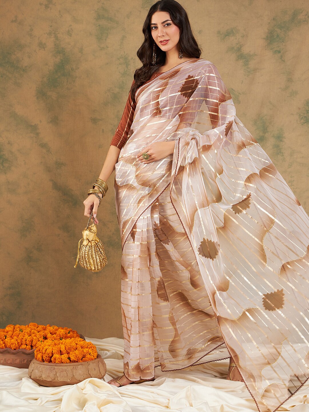 

MAHALASA Striped Zari Organza Saree, Coffee brown