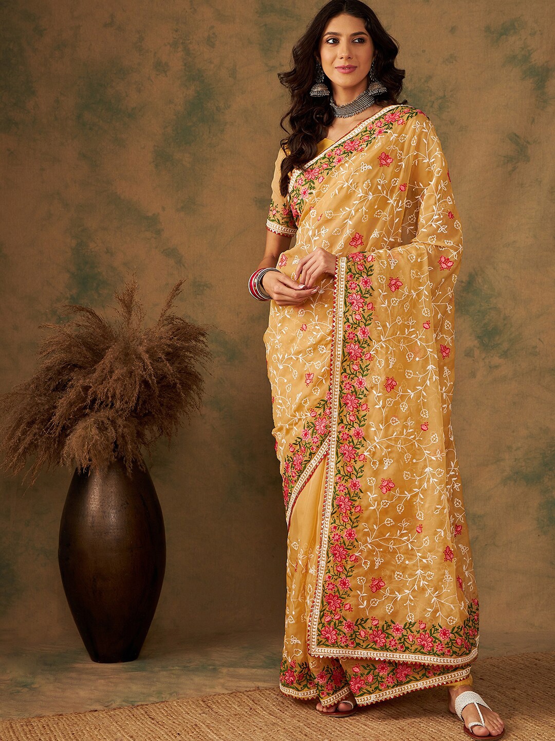 

MAHALASA Floral Embroidered Organza Saree, Yellow