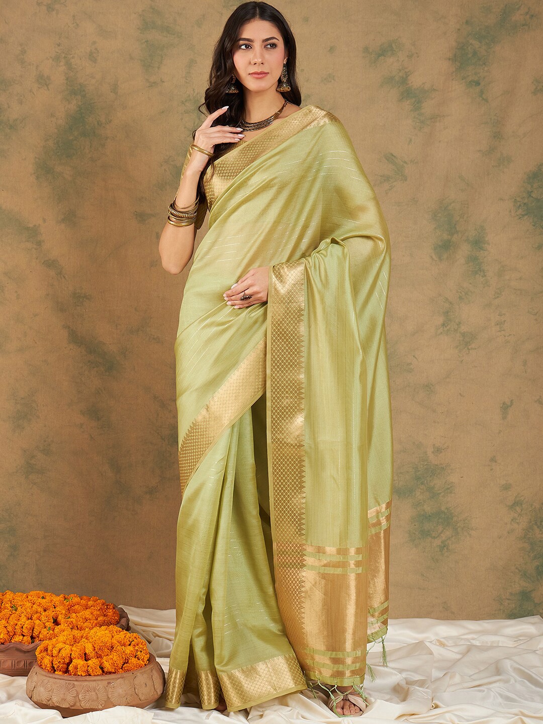 

MAHALASA Striped Woven Design Zari Saree, Green