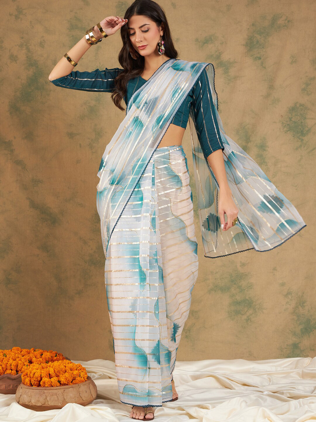 

MAHALASA Striped Zari Organza Saree, Blue
