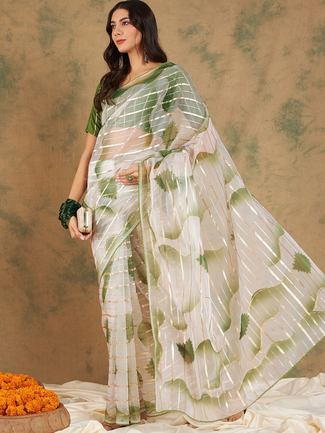 

MAHALASA Striped Organza Saree, Green