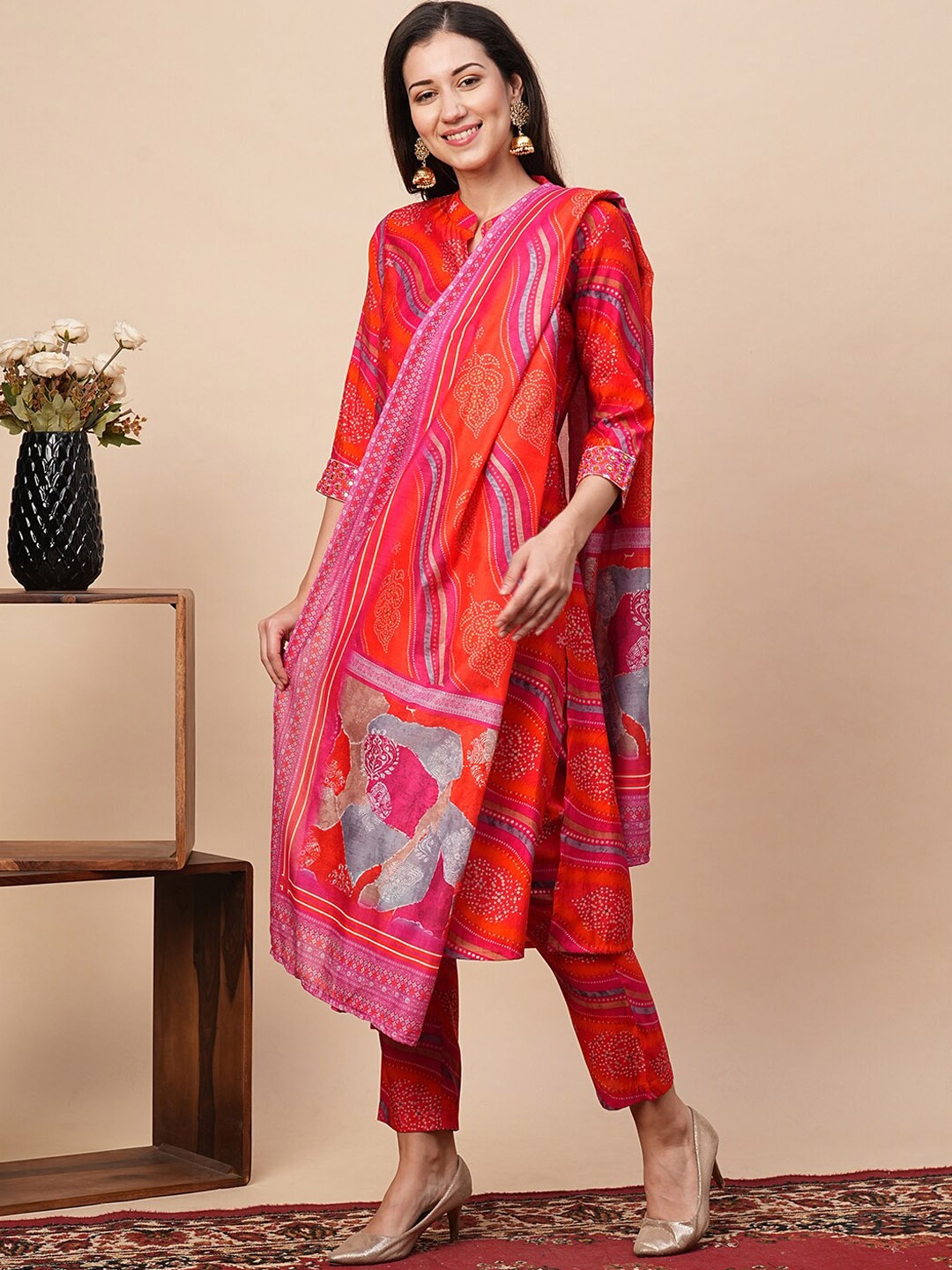 

Globus Bandhani Printed Regular Kurta With Trousers & Dupatta, Orange