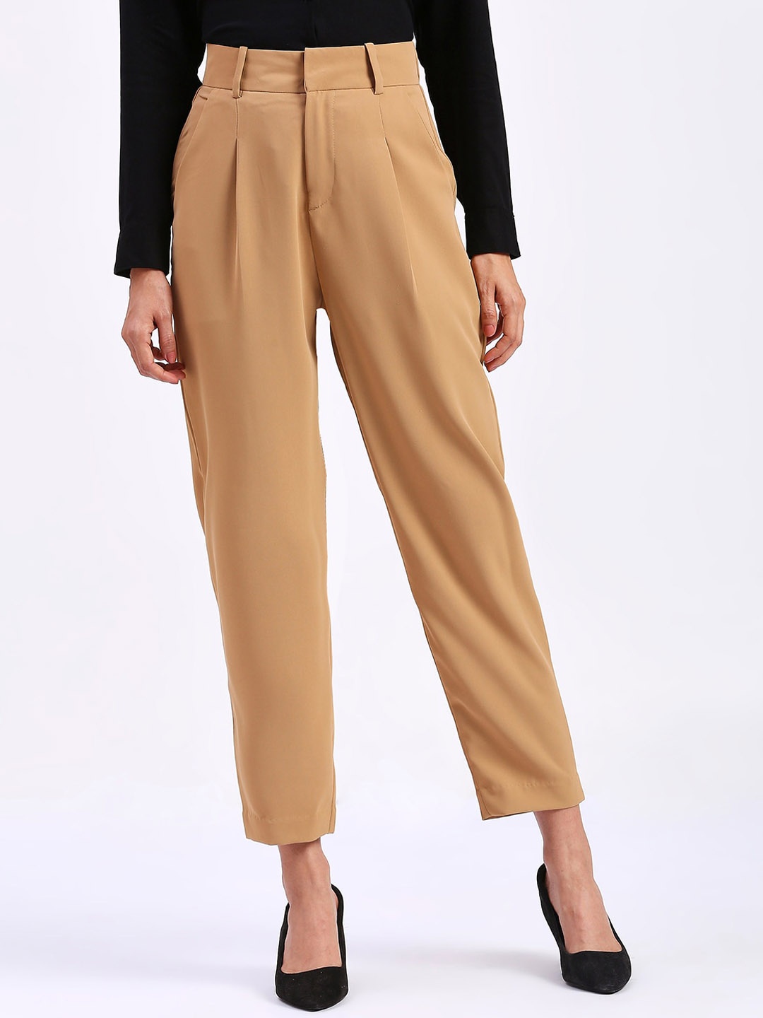 

FITHUB Women Tapered Fit High-Rise Pleated Trousers, Beige